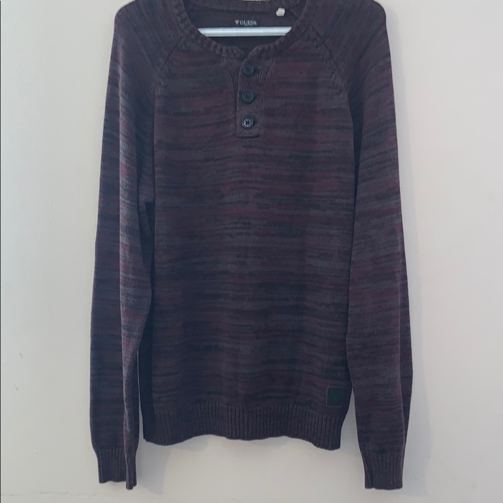 GUESS Henley Knit Sweater Men's Size XL Long Sleeve Burgundy Pullover Casual